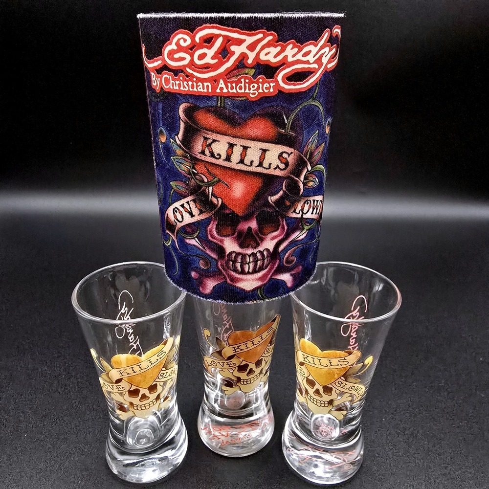 Y2K Ed Hardy Christian Audigier Love Kills Slowly Shot Glass Set of 3 w/ Koozie